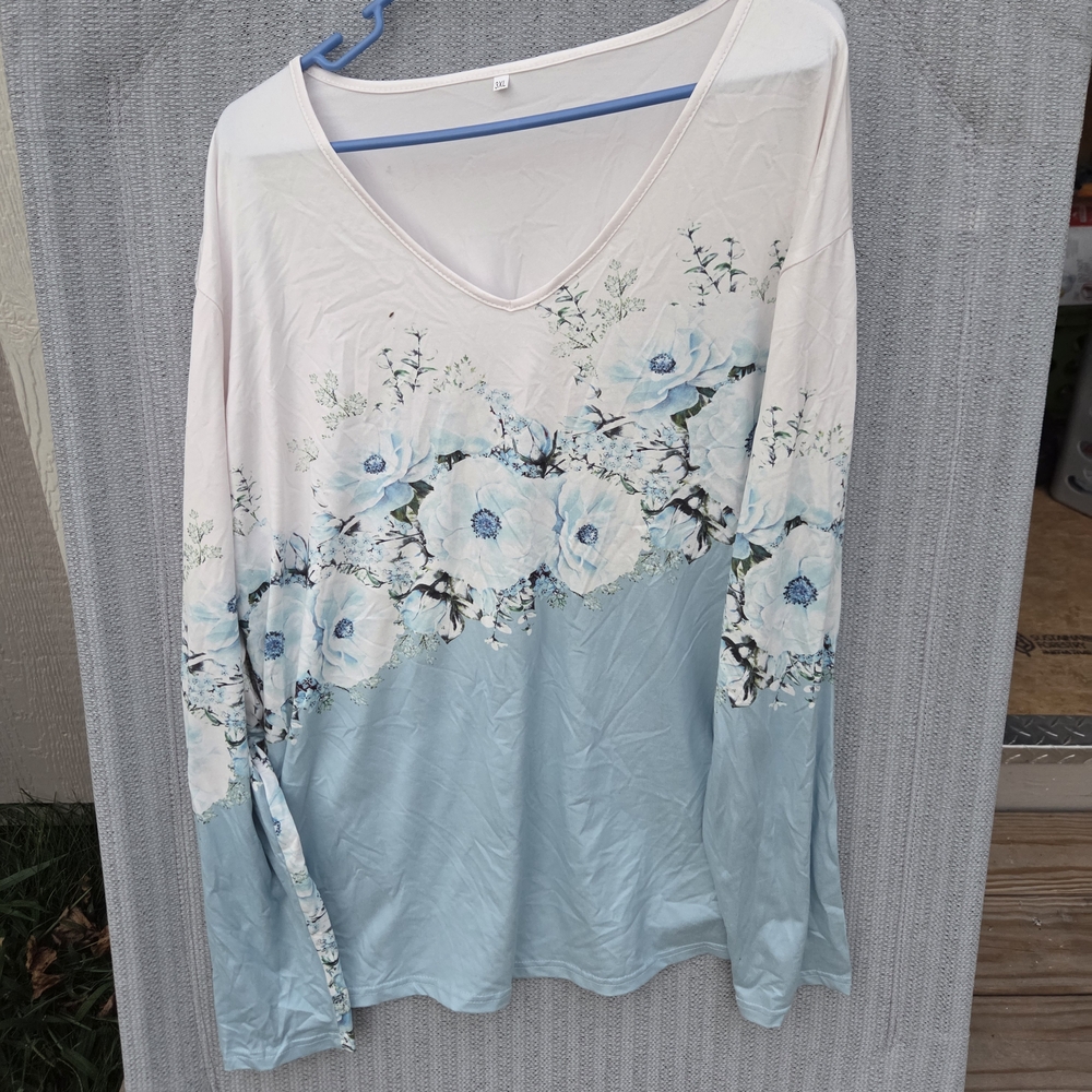 Floral V-Neck Women Top - Blue and White